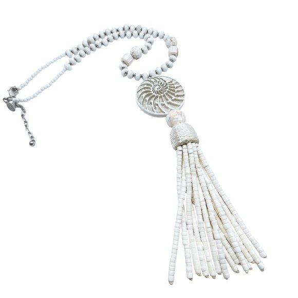 Chico's Shell Pendant Necklace With Beaded Tassel & Adjustable Chain - Picture 4 of 6